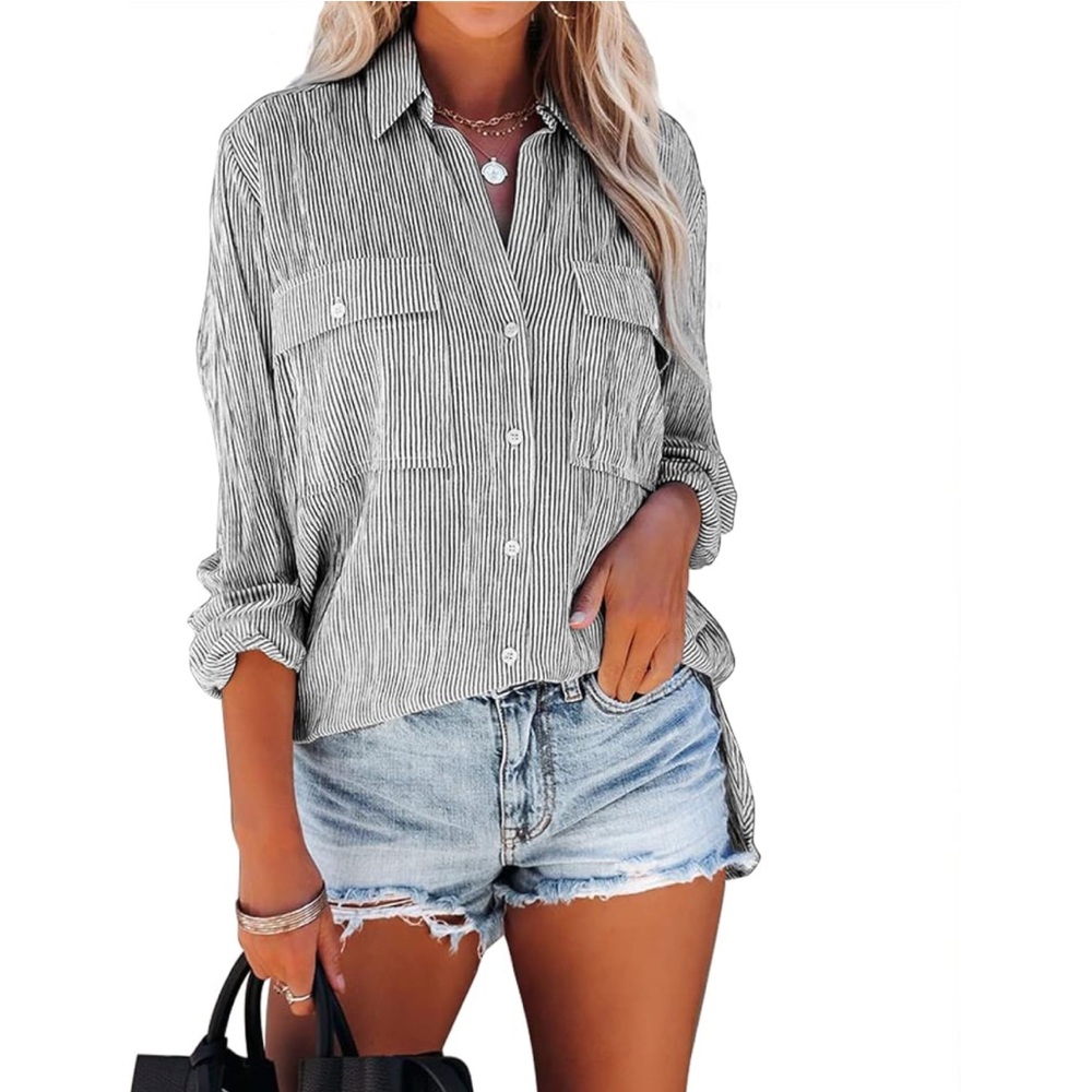 Grey and white striped button-up shirt